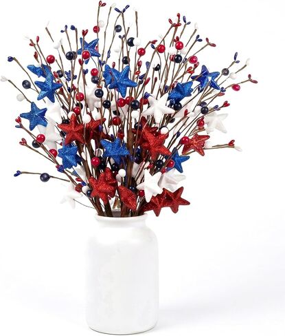 4th of July Decorations Patriotic Picks, 6pcs Artificial Berry Stems White Blue Red Glitter Stars Patriotic Decorations for Independence Day Memorial Day Veterans Decor for Vase Table Centerpieces in Saudi Arabia