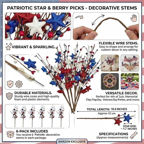 4th of July Decorations Patriotic Picks, 6pcs Artificial Berry Stems White Blue Red Glitter Stars Patriotic Decorations for Independence Day Memorial Day Veterans Decor for Vase Table Centerpieces in Saudi Arabia