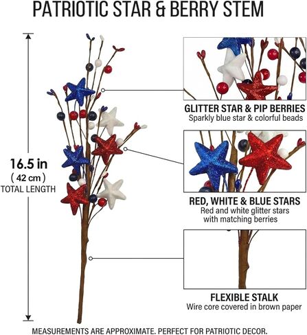 4th of July Decorations Patriotic Picks, 6pcs Artificial Berry Stems White Blue Red Glitter Stars Patriotic Decorations for Independence Day Memorial Day Veterans Decor for Vase Table Centerpieces in Saudi Arabia