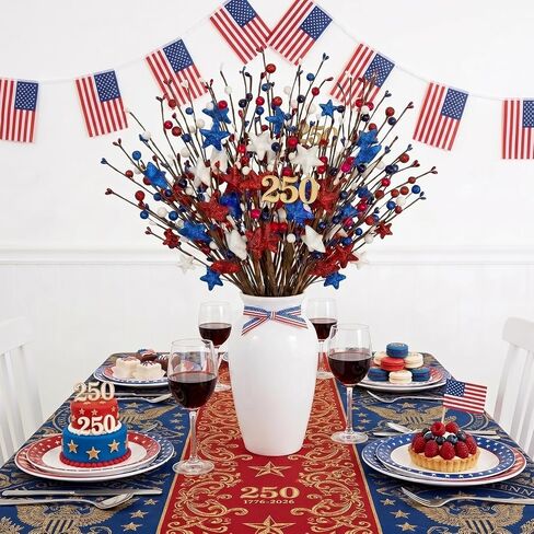 4th of July Decorations Patriotic Picks, 6pcs Artificial Berry Stems White Blue Red Glitter Stars Patriotic Decorations for Independence Day Memorial Day Veterans Decor for Vase Table Centerpieces in Saudi Arabia