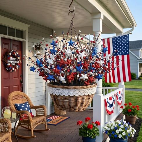4th of July Decorations Patriotic Picks, 6pcs Artificial Berry Stems White Blue Red Glitter Stars Patriotic Decorations for Independence Day Memorial Day Veterans Decor for Vase Table Centerpieces in Saudi Arabia