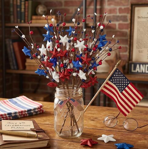 4th of July Decorations Patriotic Picks, 6pcs Artificial Berry Stems White Blue Red Glitter Stars Patriotic Decorations for Independence Day Memorial Day Veterans Decor for Vase Table Centerpieces in Saudi Arabia