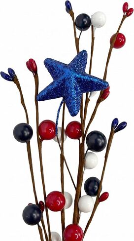 4th of July Decorations Patriotic Picks, 6pcs Artificial Berry Stems White Blue Red Glitter Stars Patriotic Decorations for Independence Day Memorial Day Veterans Decor for Vase Table Centerpieces in Saudi Arabia