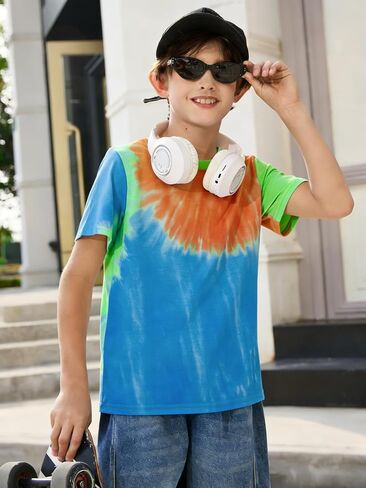 Haloumoning Boys Tie Dye T Shirts Kids Fashion Short Sleeve Crewneck Casual Tops Tees 5-14 Years in Kuwait