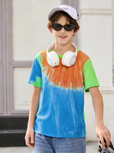 Haloumoning Boys Tie Dye T Shirts Kids Fashion Short Sleeve Crewneck Casual Tops Tees 5-14 Years in Kuwait