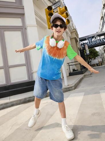 Haloumoning Boys Tie Dye T Shirts Kids Fashion Short Sleeve Crewneck Casual Tops Tees 5-14 Years in Kuwait