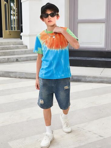 Haloumoning Boys Tie Dye T Shirts Kids Fashion Short Sleeve Crewneck Casual Tops Tees 5-14 Years in Kuwait