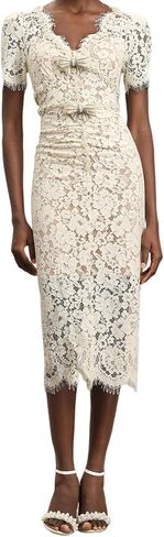 V Neck Short Sleeved Floral Bow Fastened Gathered Waist Fringe Lace Dress for Women Frayed Edge Garden Party Dress in Saudi Arabia