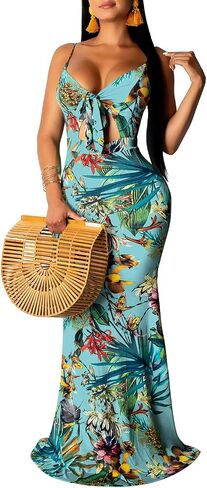 Women's Summer Floral Spaghetti Strap Long Maxi Dresses Low-Cut Bohemian Beach Sundress in Saudi Arabia