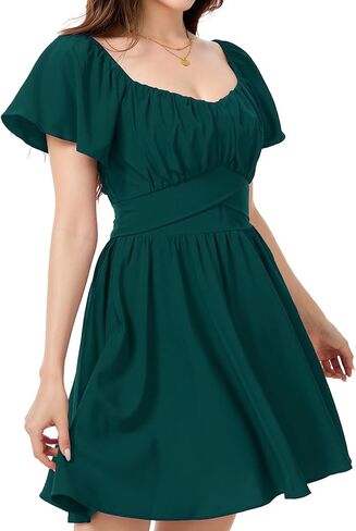 Women's Square Neck Wrap Summer Dress - Ruffle Puff Sleeve Tie Back Mini Dress for Party Dating Go Out in Saudi Arabia