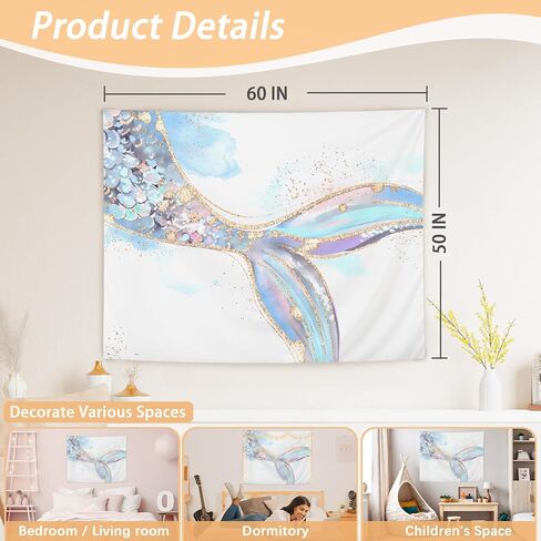 OHDCE Pink and Blue Mermaid Tapestry Wall Hanging, Mermaid Room Decor, Watercolor Glitter Ocean Beach Blanket Tapestries Wall Decoration for Girls Bedroom Room Nursery, 50x60 Inch in Saudi Arabia