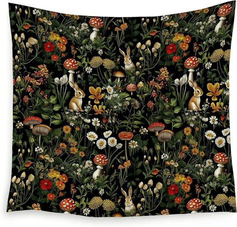 LADOCK Mushroom Wildflower Bunny Wall Tapestry, Cottagecore Forest Floral Mushroom Botanical Rabbit Tapestry Wall Hanging Decor for Home Bedroom Living Room Cabin, 50x60 Inch in Saudi Arabia