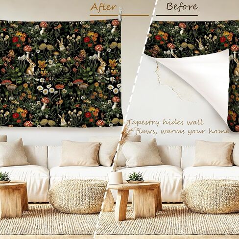 LADOCK Mushroom Wildflower Bunny Wall Tapestry, Cottagecore Forest Floral Mushroom Botanical Rabbit Tapestry Wall Hanging Decor for Home Bedroom Living Room Cabin, 50x60 Inch in Saudi Arabia