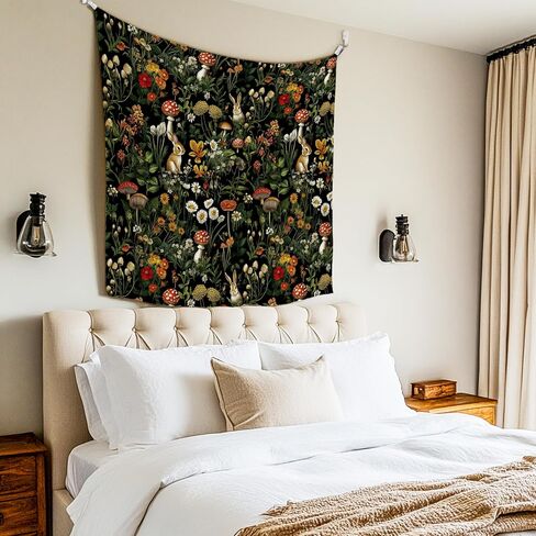 LADOCK Mushroom Wildflower Bunny Wall Tapestry, Cottagecore Forest Floral Mushroom Botanical Rabbit Tapestry Wall Hanging Decor for Home Bedroom Living Room Cabin, 50x60 Inch in Saudi Arabia