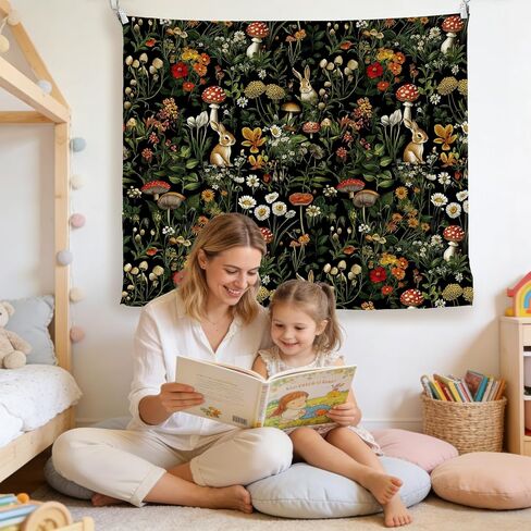 LADOCK Mushroom Wildflower Bunny Wall Tapestry, Cottagecore Forest Floral Mushroom Botanical Rabbit Tapestry Wall Hanging Decor for Home Bedroom Living Room Cabin, 50x60 Inch in Saudi Arabia