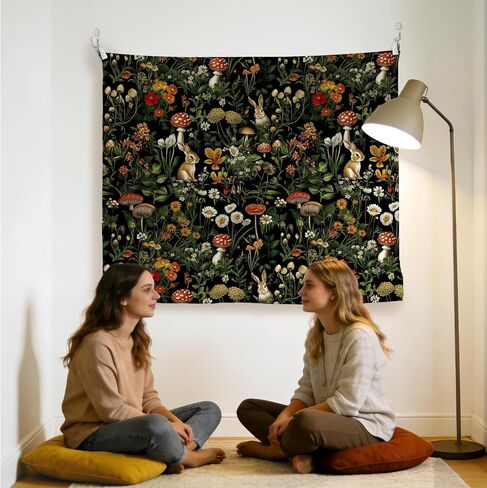 LADOCK Mushroom Wildflower Bunny Wall Tapestry, Cottagecore Forest Floral Mushroom Botanical Rabbit Tapestry Wall Hanging Decor for Home Bedroom Living Room Cabin, 50x60 Inch in Saudi Arabia