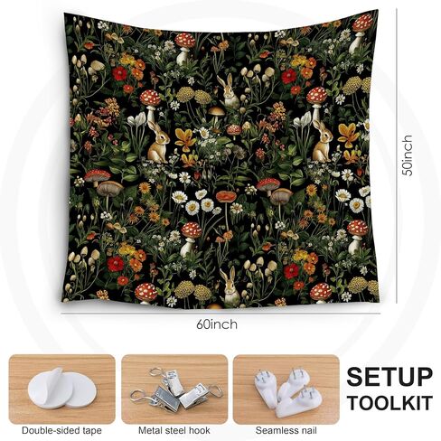 LADOCK Mushroom Wildflower Bunny Wall Tapestry, Cottagecore Forest Floral Mushroom Botanical Rabbit Tapestry Wall Hanging Decor for Home Bedroom Living Room Cabin, 50x60 Inch in Saudi Arabia