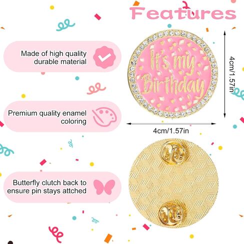 Birthday Girl Pin Round Metal Lapel It's My Birthday Pin with Rhinestones Pink Pearl Enamel Happy Birthdays Pins for Women Girls Boys Men Birthdays Party Wedding Gifts Decoration in Saudi Arabia