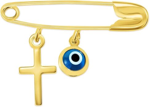 14k Yellow Gold Blue Evil Eye and Religious Cross Charm Safety Pin Brooch in Saudi Arabia