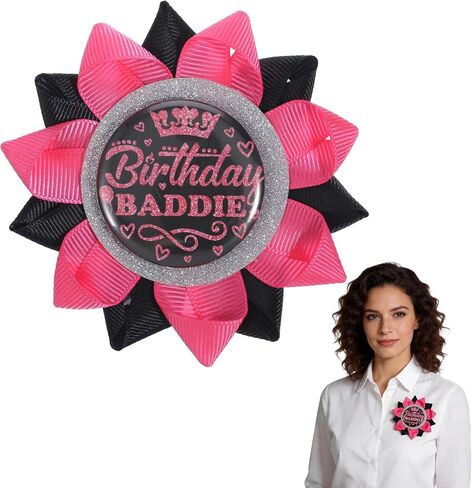 Handmade Birthday Baddie Button Pin Birthday Pins for Women Black Hot Pink Brooch Creative Happy Birthdays Ribbon Badge for Party Decorations and Gifts 3.9x3.9 Inch in Saudi Arabia