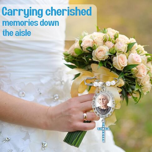 Wedding Bouquet Photo Charms Something Blue Gift for Bride Groom Christian Wedding Bouquet Photo Charms DIY Bridal Pin With Blue Pearl Cross Memory Charm for Wedding Bridal Shower Gifts in Saudi Arabia