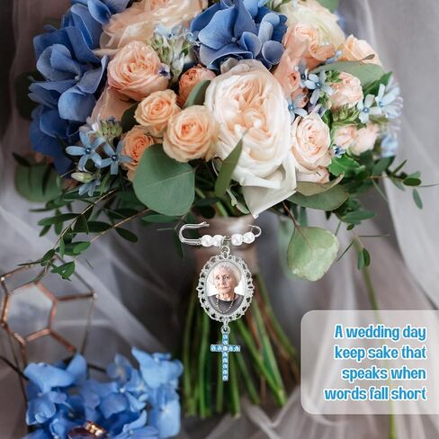 Wedding Bouquet Photo Charms Something Blue Gift for Bride Groom Christian Wedding Bouquet Photo Charms DIY Bridal Pin With Blue Pearl Cross Memory Charm for Wedding Bridal Shower Gifts in Saudi Arabia