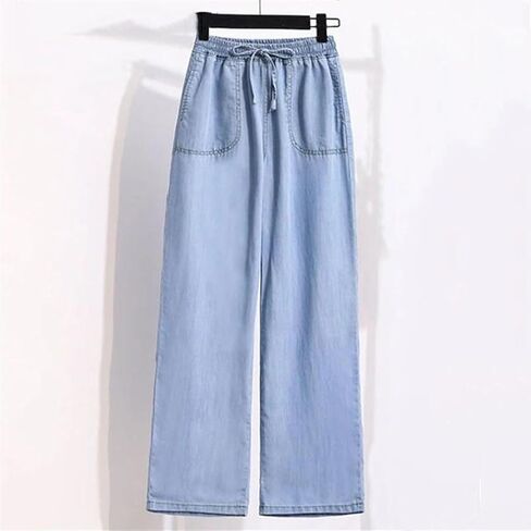 Korean Baggy Wide Leg Jeans Women Summer Thin Classic Solid Vintage Elastic High Waist Straight Denim Pants in Kuwait