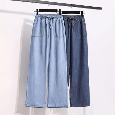 Korean Baggy Wide Leg Jeans Women Summer Thin Classic Solid Vintage Elastic High Waist Straight Denim Pants in Kuwait