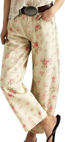 chouyatou Women's Casual Baggy Floral Barrel Jeans Y2K Boyfriend High Waisted Jeans Wide Leg Denim Ankle Pants in Kuwait