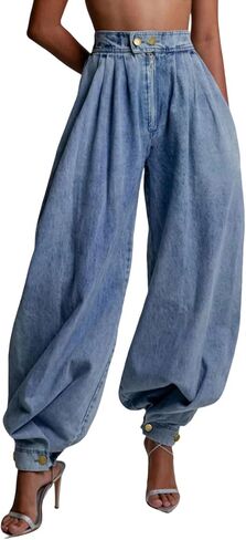 loveimgs Women Baggy Harem Jeans Joggers Denim Pants Wide Leg Jeans High Rise Sweatpants Tapered Leg Trousers in Kuwait