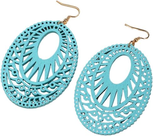Boho Wooden Cutout Dangle Earrings for Women Bohemian Teardrop Oval Hollow Floral Pattern Drop Earrings Colorful Lightweight Statement Party Jewelry in Saudi Arabia