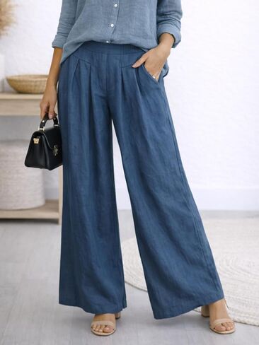 Womens Wide Leg Elastic Waist Palazzo Pants High Waisted Pleated Cropped Trousers Casual Loose Fit for Daily Wear in Kuwait