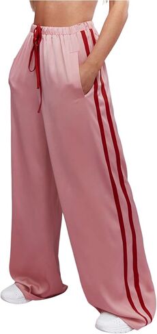 WDIRARA Women's Side Striped Satin Pants Drawstring Waist Wide Leg Baggy Trousers with Pockets in Kuwait