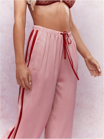 WDIRARA Women's Side Striped Satin Pants Drawstring Waist Wide Leg Baggy Trousers with Pockets in Kuwait
