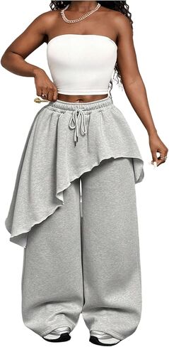 RoseSeek Women's Asymmetrical Hem Skirt Pants Drawstring Waisted Wide Leg Trousers Streetwear in Kuwait