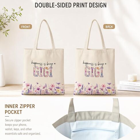 Gigi Tote Bag, Floral Grandma Canvas Bag, Gift for Grandmother, Double-Sided Print, Inner Pocket in Kuwait