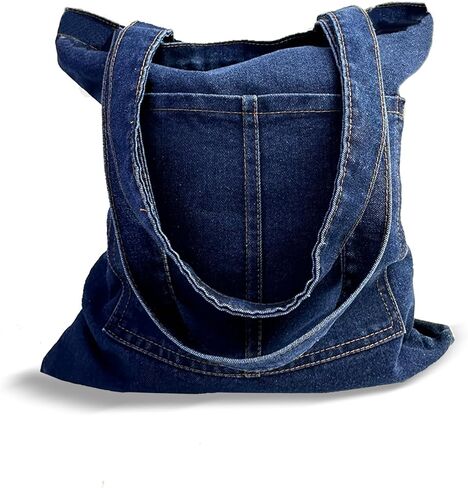 Denim Tote Bag, Canvas Tote Bag with Zipper for women Denim Pures with Pocket for Shopping Travel Grocery in Saudi Arabia