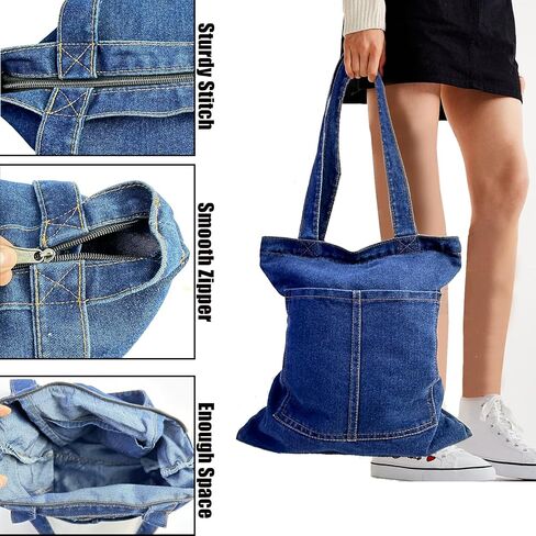 Denim Tote Bag, Canvas Tote Bag with Zipper for women Denim Pures with Pocket for Shopping Travel Grocery in Saudi Arabia