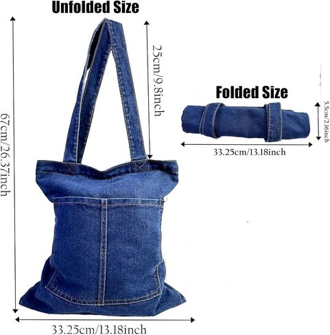 Denim Tote Bag, Canvas Tote Bag with Zipper for women Denim Pures with Pocket for Shopping Travel Grocery in Saudi Arabia