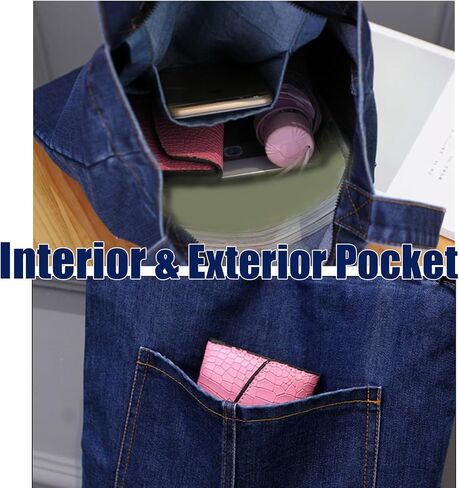 Denim Tote Bag, Canvas Tote Bag with Zipper for women Denim Pures with Pocket for Shopping Travel Grocery in Saudi Arabia