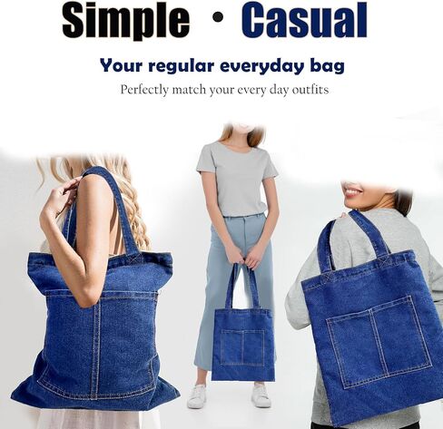 Denim Tote Bag, Canvas Tote Bag with Zipper for women Denim Pures with Pocket for Shopping Travel Grocery in Saudi Arabia