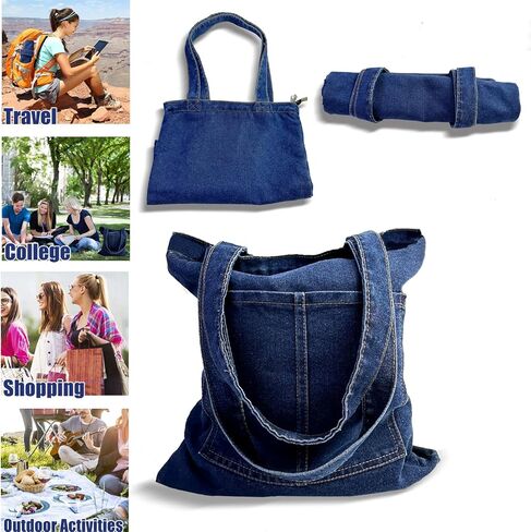 Denim Tote Bag, Canvas Tote Bag with Zipper for women Denim Pures with Pocket for Shopping Travel Grocery in Saudi Arabia