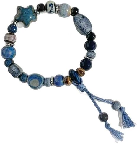 Women's ceramic bracelet, blue ceramic star shaped bead bracelet, mixed bead style, tassel, with hand woven rope, elastic rope chain, Bohemian style wristband in Kuwait