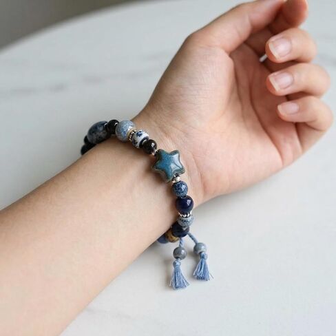 Women's ceramic bracelet, blue ceramic star shaped bead bracelet, mixed bead style, tassel, with hand woven rope, elastic rope chain, Bohemian style wristband in Kuwait