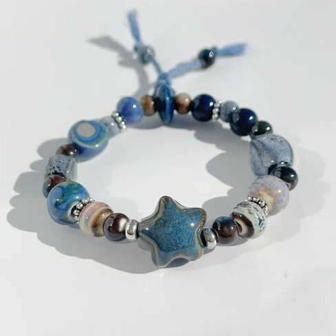Women's ceramic bracelet, blue ceramic star shaped bead bracelet, mixed bead style, tassel, with hand woven rope, elastic rope chain, Bohemian style wristband in Kuwait