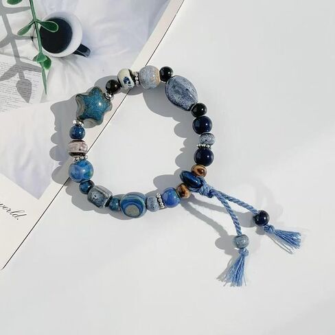 Women's ceramic bracelet, blue ceramic star shaped bead bracelet, mixed bead style, tassel, with hand woven rope, elastic rope chain, Bohemian style wristband in Kuwait