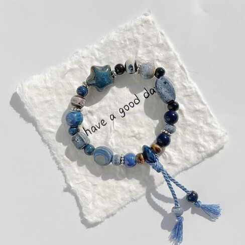 Women's ceramic bracelet, blue ceramic star shaped bead bracelet, mixed bead style, tassel, with hand woven rope, elastic rope chain, Bohemian style wristband in Kuwait