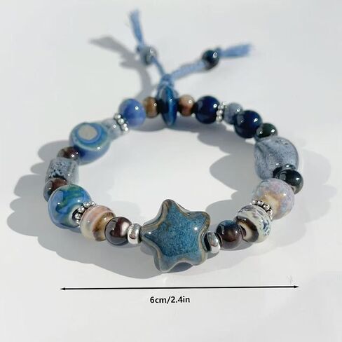 Women's ceramic bracelet, blue ceramic star shaped bead bracelet, mixed bead style, tassel, with hand woven rope, elastic rope chain, Bohemian style wristband in Kuwait
