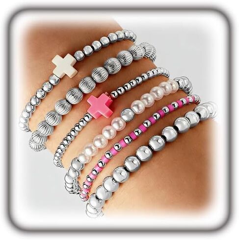 6Pcs Gold Beaded Bracelet for Women Cute Cross Pearl Bracelet Set Dainty Stackable Stretch Bracelets Trendy Christmas Jewelry Accessories Gifts in Saudi Arabia