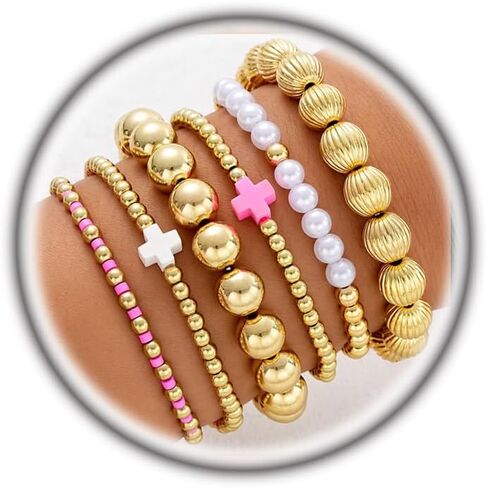 6Pcs Gold Beaded Bracelet for Women Cute Cross Pearl Bracelet Set Dainty Stackable Stretch Bracelets Trendy Christmas Jewelry Accessories Gifts in Saudi Arabia